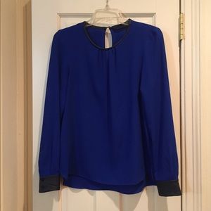 L/S High Neck Blouse with Faux Leather Trim
